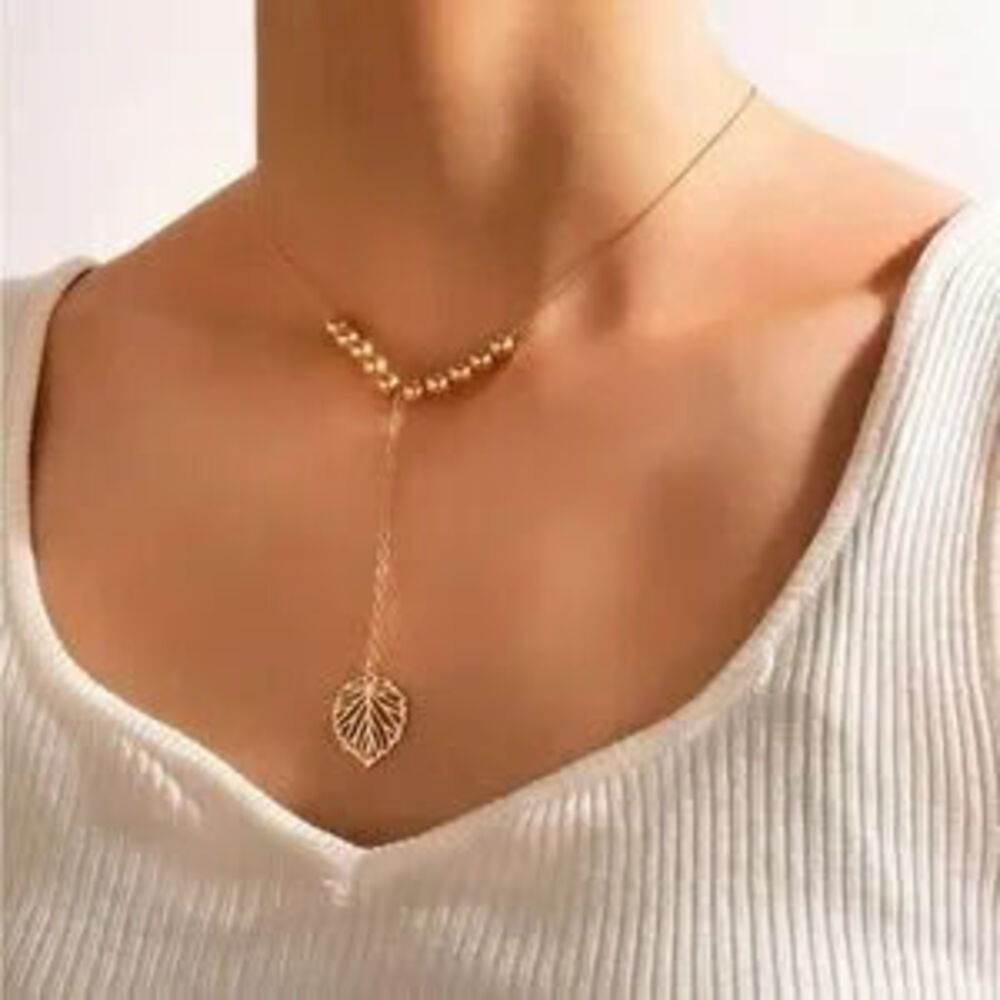 Gold leaf Pendant Lariat Necklace